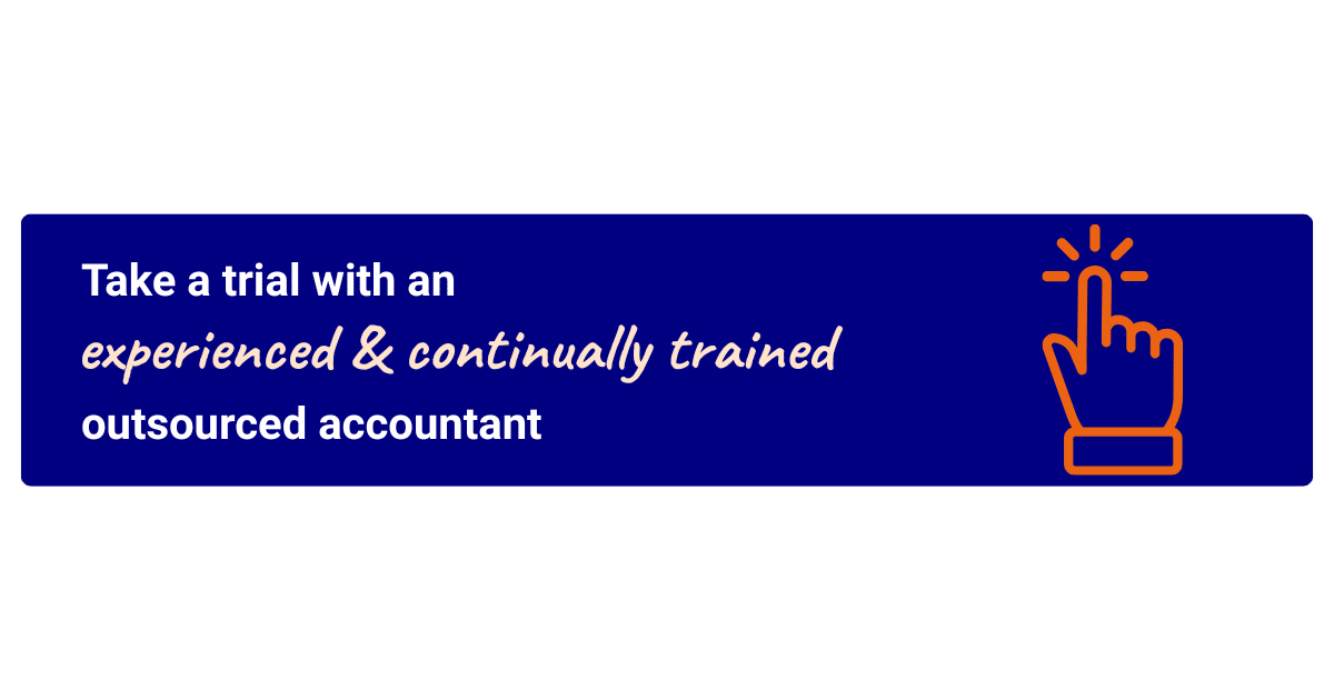 Blue background CTA banner with white text reading ‘Take a trial with an experienced and continually trained outsourced accountant’ and an orange outline hand prompting a click