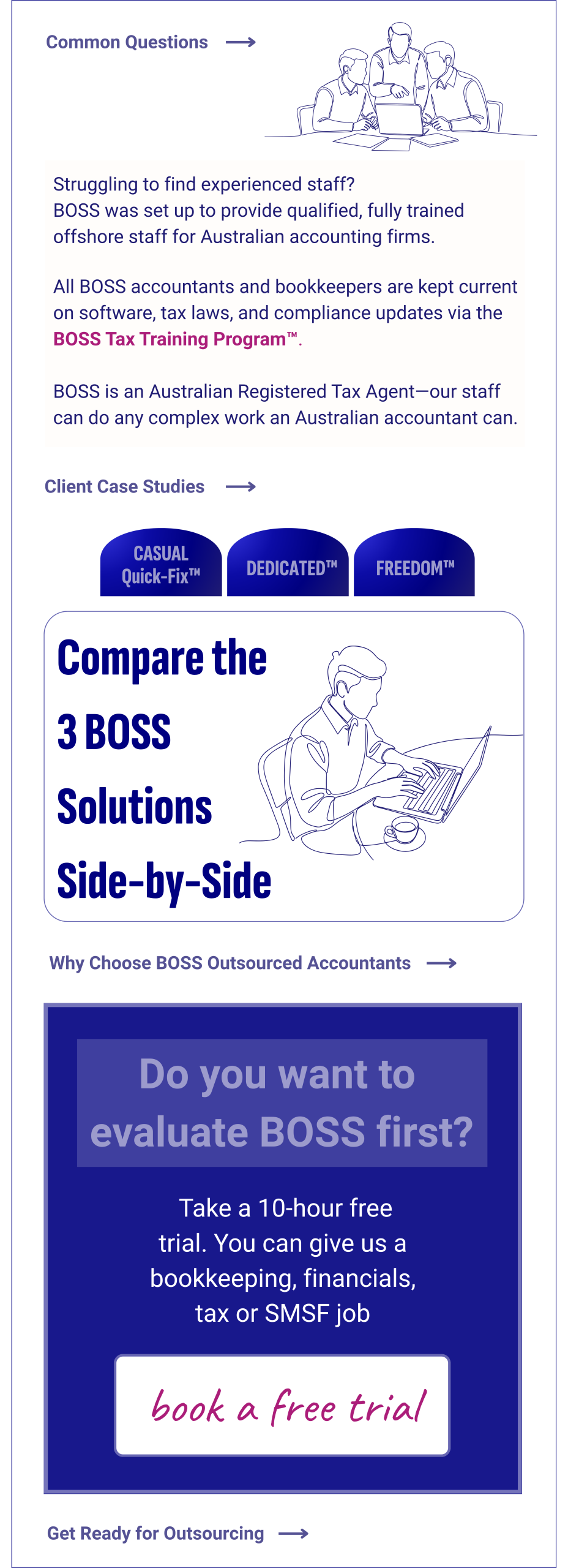BOSS outsourced accounting waitlist sidebar banner: Compare 3 solutions (Casual Quick-Fix™, Dedicated™, Freedom™), book free trial, contact BOSS, FAQ, about BOSS, why choose BOSS, client case studies