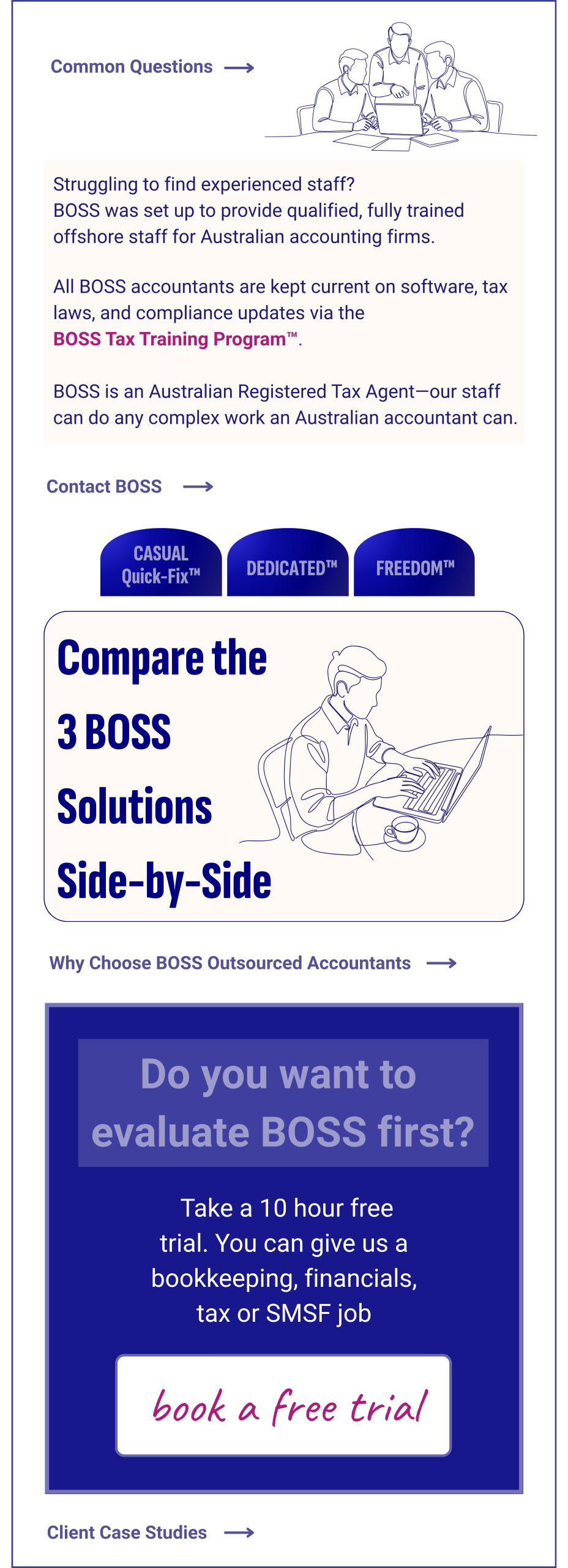 BOSS outsourced accounting blog sidebar banner: Compare 3 solutions (Casual Quick-Fix™, Dedicated™, Freedom™), book free trial, contact BOSS, FAQ, about BOSS, why choose BOSS, client case studies