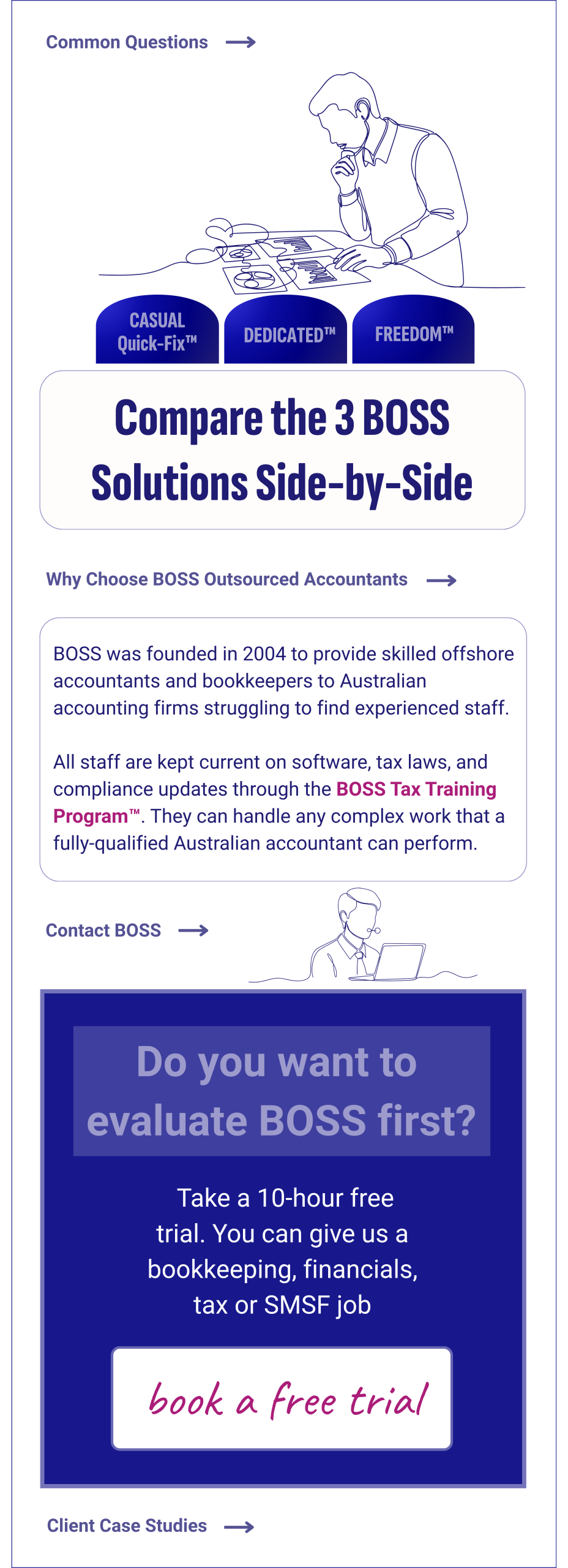 BOSS outsourced accounting solutions sidebar banner: Compare Dedicated™, Freedom™, Casual Quick-Fix™ solutions, book free trial, contact BOSS, FAQ, about BOSS, why choose BOSS, client case studies