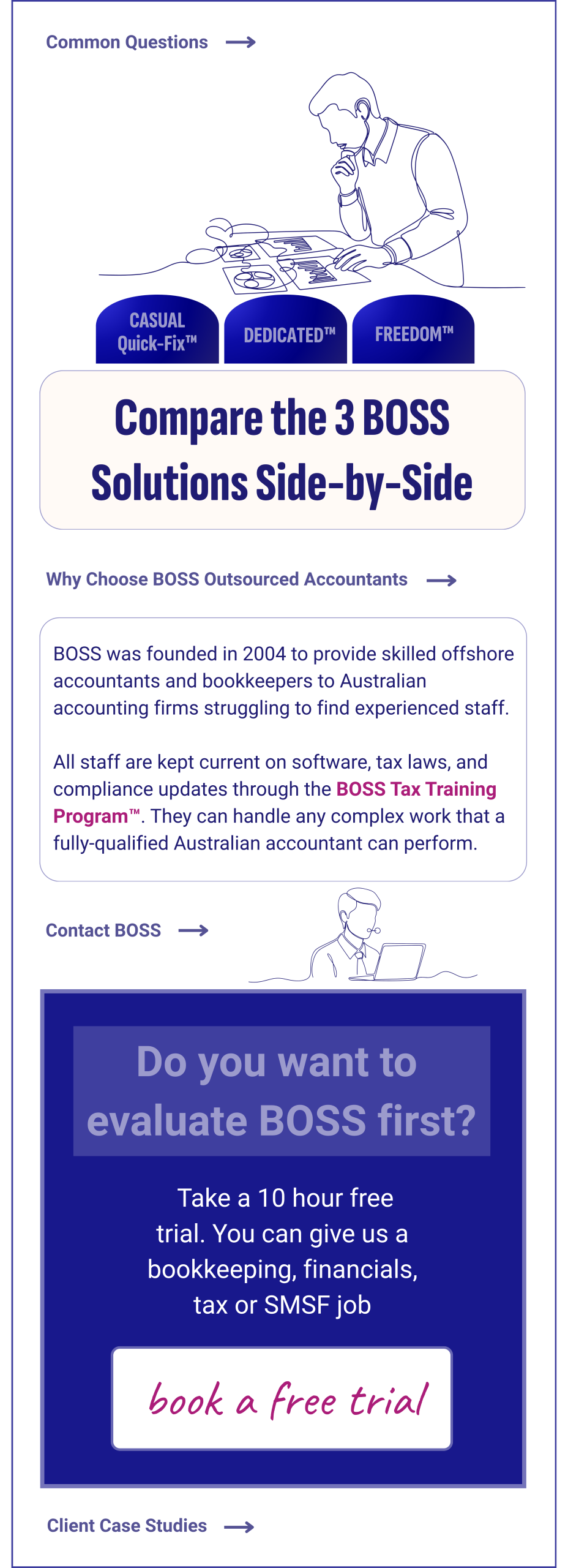 BOSS outsourced accounting solutions sidebar banner: Compare Dedicated™, Freedom™, Casual Quick-Fix™ solutions, book free trial, contact BOSS, FAQ, about BOSS, why choose BOSS, client case studies